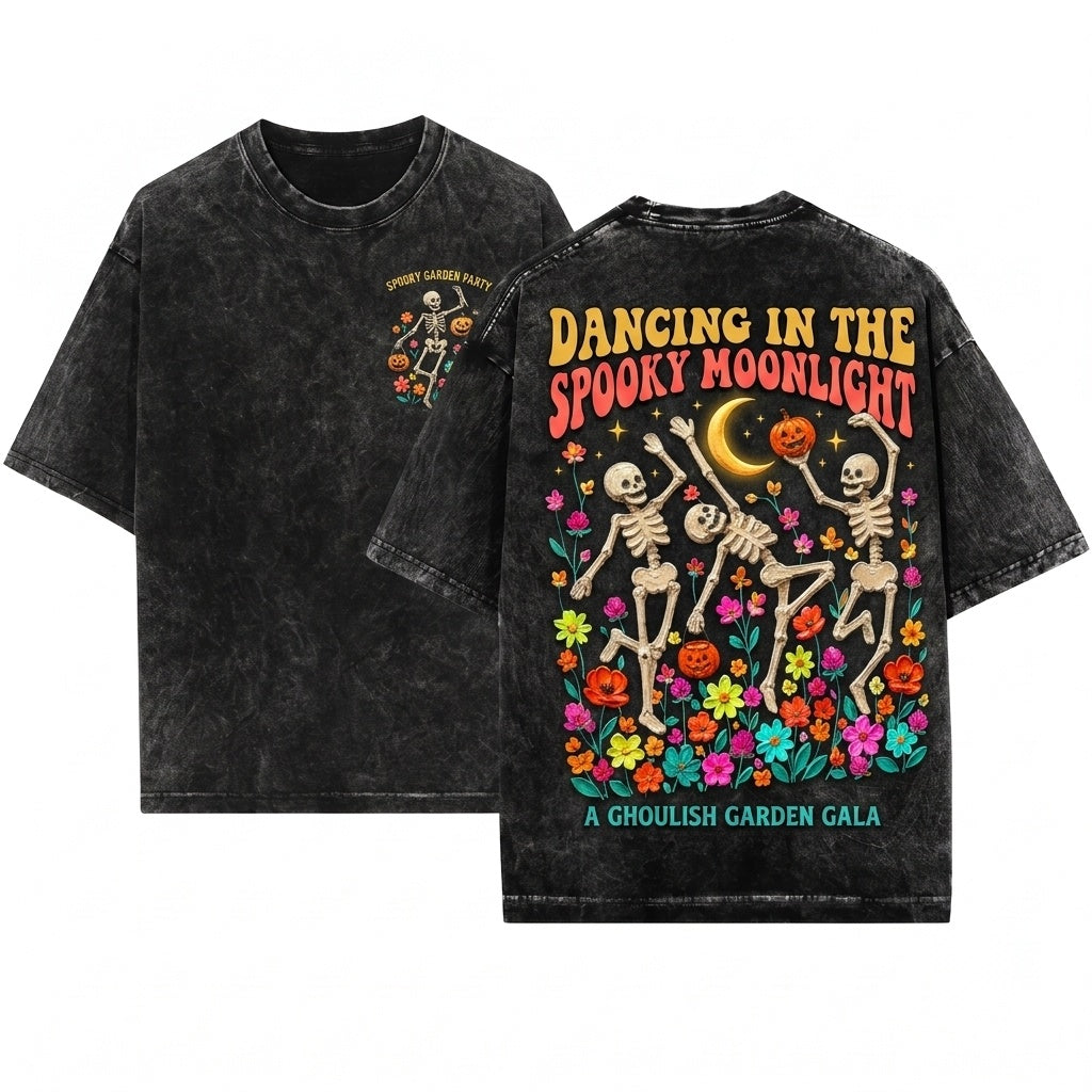 Handpainted Floral Dancing Skeleton Halloween Vintage Pumpkin Wildflower Spooky Fall Graphic Unisex Wash T-Shirt