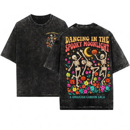 Handpainted Floral Dancing Skeleton Halloween Vintage Pumpkin Wildflower Spooky Fall Graphic Unisex Wash T-Shirt