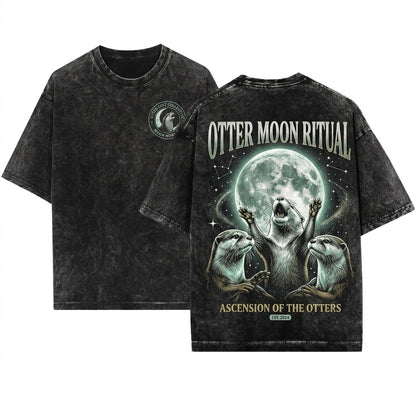 Retro 90s Vintage Three Otter Moon Meme Funny Animal Graphic Quirky Gift Unisex Wash T-Shirt