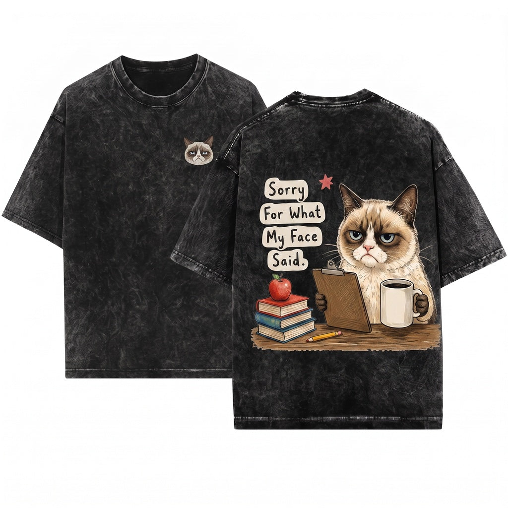 Funny Grumpy Cat Teacher Sorry For What My Face Said Sarcastic Classroom Humor Gift Unisex Wash T-Shirt