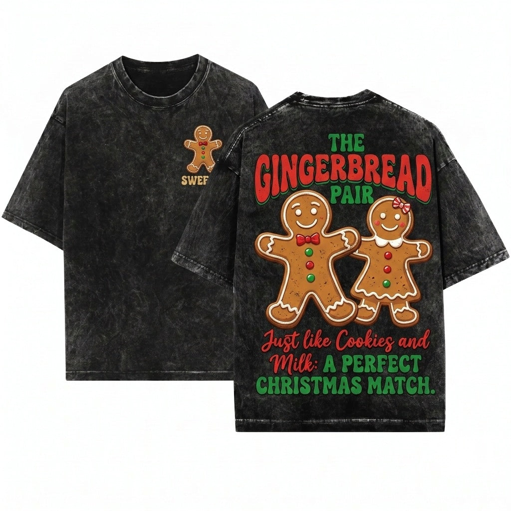 Gingerbread Couple Cookies Milk Matching Christmas Cute Holiday Pajama Unisex Wash T-Shirt