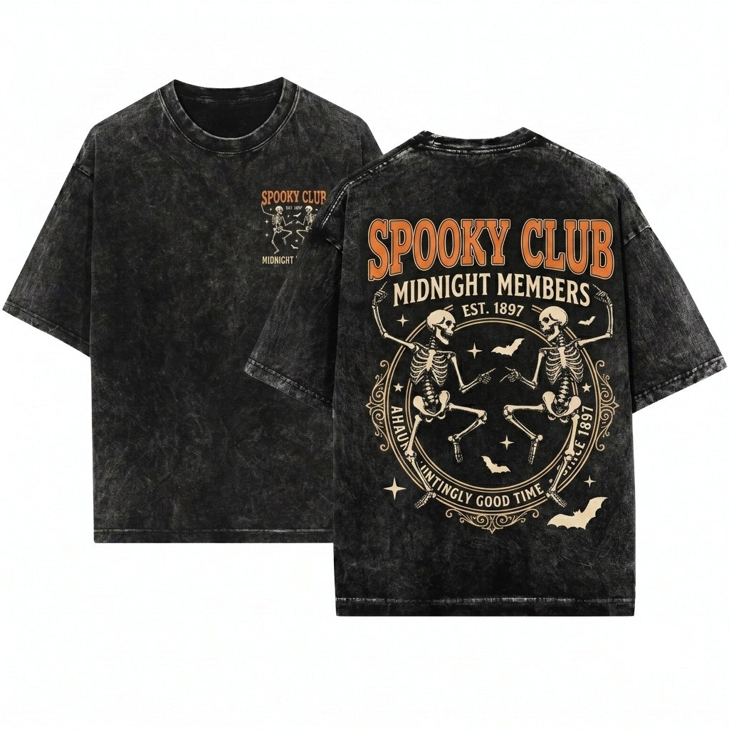 Spooky Club Dancing Skeleton Halloween Fashion Graphic Unisex Wash T-Shirt