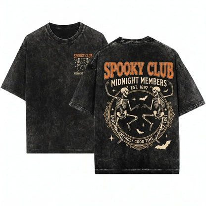 Spooky Club Dancing Skeleton Halloween Fashion Graphic Unisex Wash T-Shirt