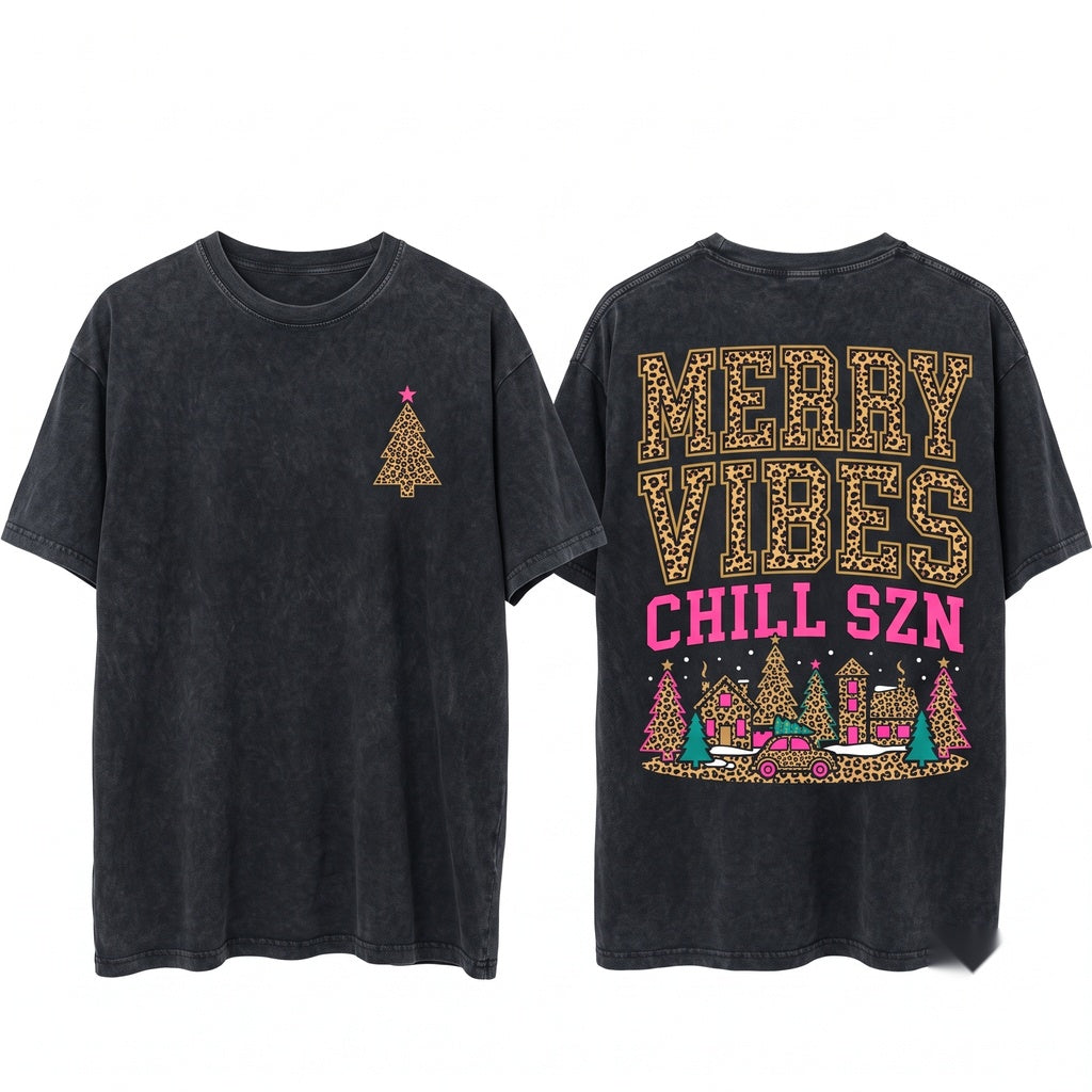 Merry Christmas Tree Leopard Print Holiday Winter Sweater Women Vibes Unisex Wash T-Shirt