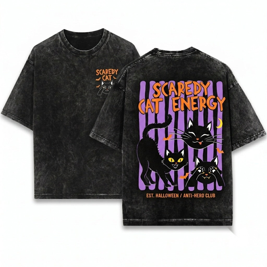 Scaredy Cat Energy Halloween Black Graphic Unisex Wash T-Shirt