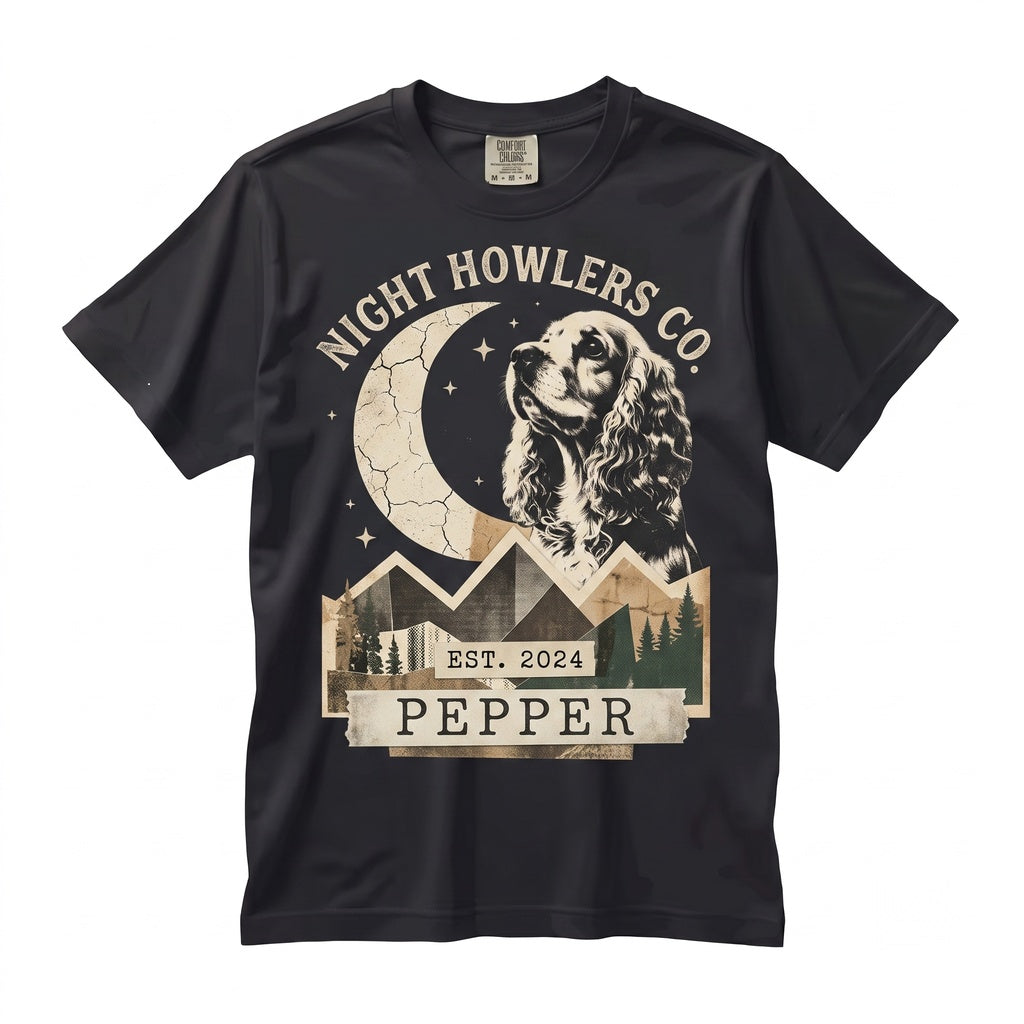 Vintage Cocker Spaniel Howling at the Moon Graphic 90s Retro Animal Dog Mom Gift Unisex TShirt