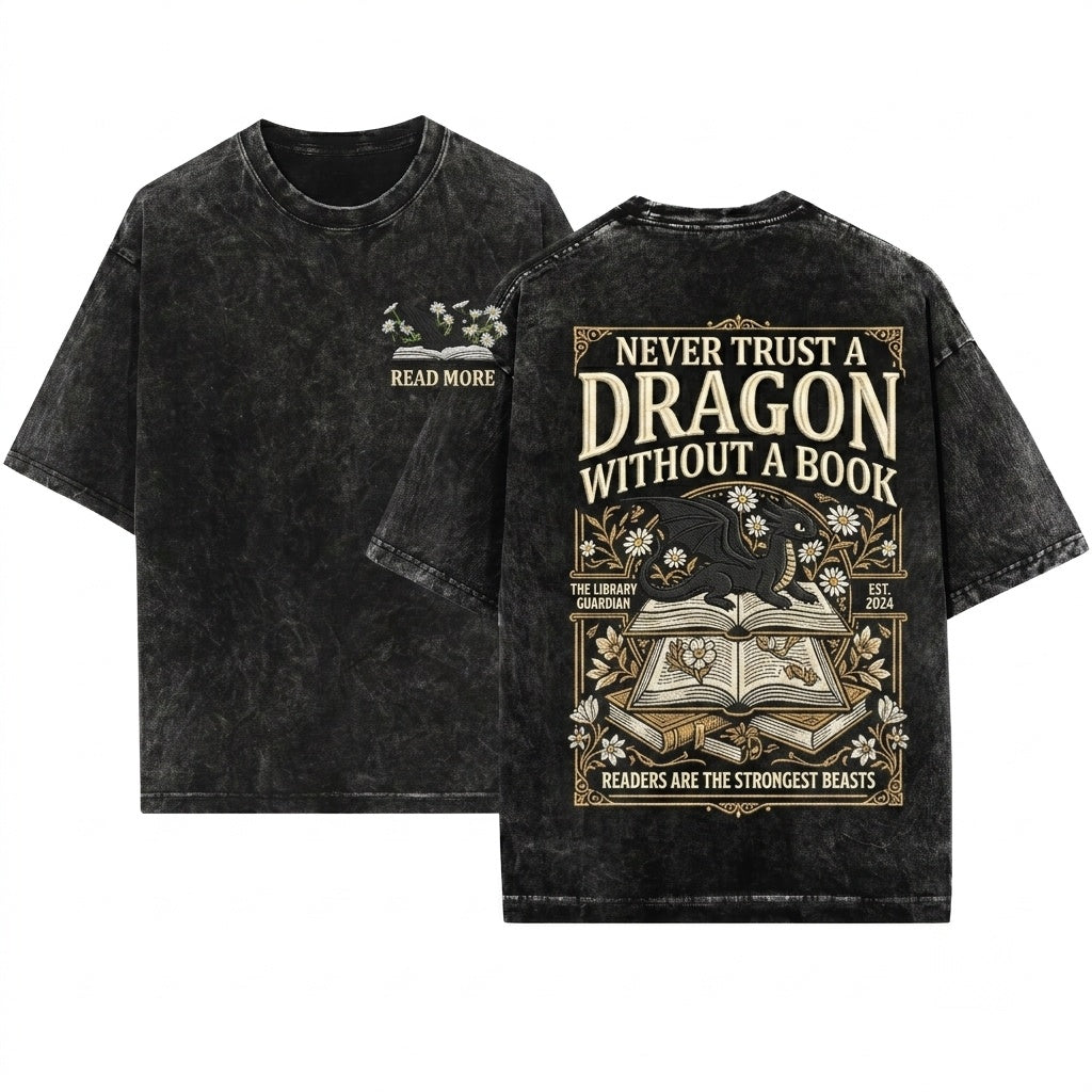 Dragon & Daisies Embroidered Cute Fantasy Reader Unisex Wash T-Shirt