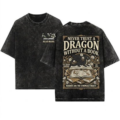 Dragon & Daisies Embroidered Cute Fantasy Reader Unisex Wash T-Shirt