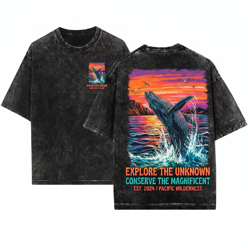 Vintage Humpback Whale Sunset Graphic Breaching Ocean Giant Retro Marine Life Aesthetic Gift Unisex Wash T-Shirt