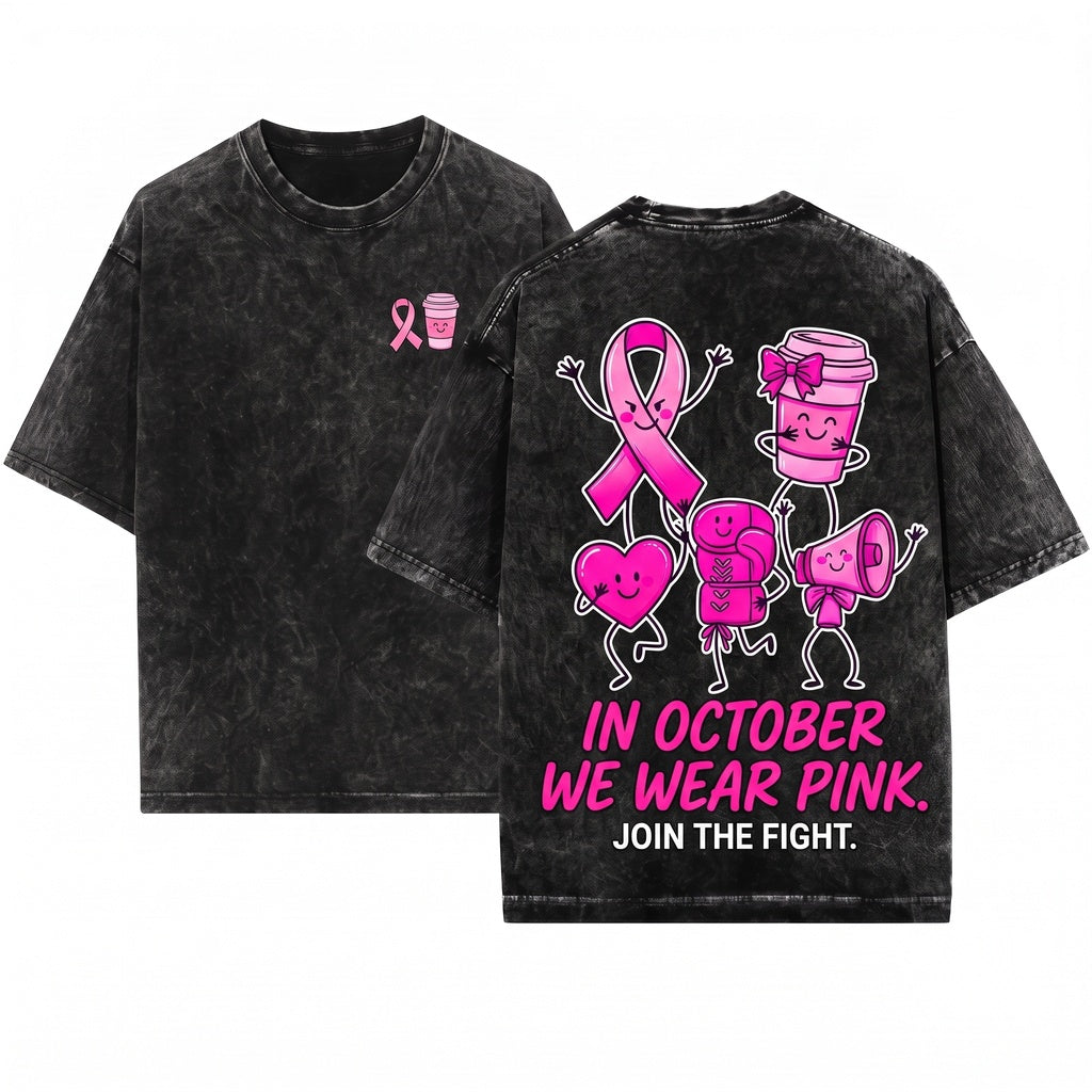 In October We Wear Pink Breast Cancer Awareness Cute Doodles Ribbon Coffee Boxing Gloves Megaphone Unisex Wash T-Shirt