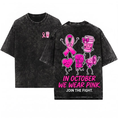 In October We Wear Pink Breast Cancer Awareness Cute Doodles Ribbon Coffee Boxing Gloves Megaphone Unisex Wash T-Shirt