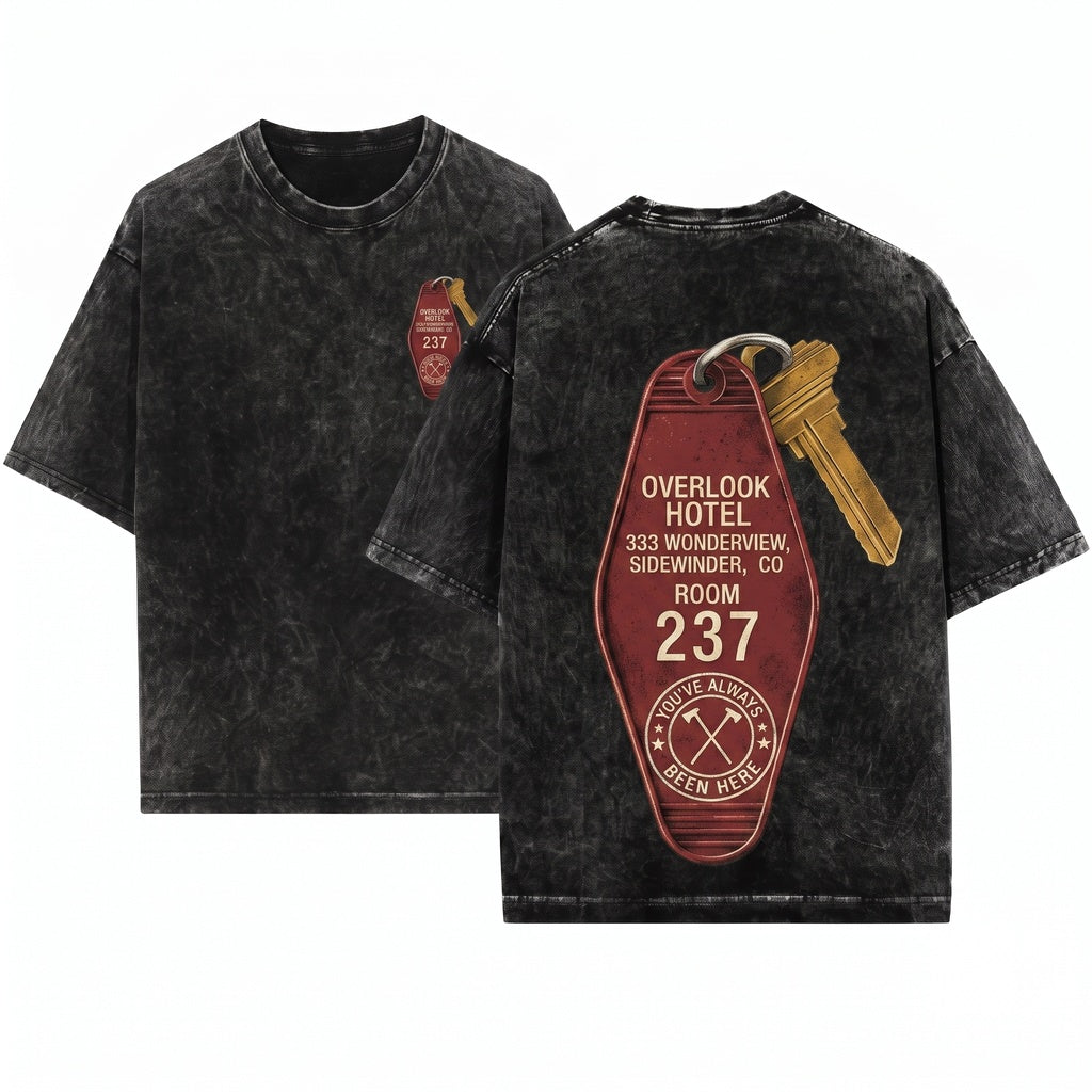 Overlook Haunted Hotel Room 237 Key Horror Movie Graphic Vintage Cult Cinema Unisex Wash T-Shirt