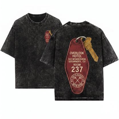 Overlook Haunted Hotel Room 237 Key Horror Movie Graphic Vintage Cult Cinema Unisex Wash T-Shirt