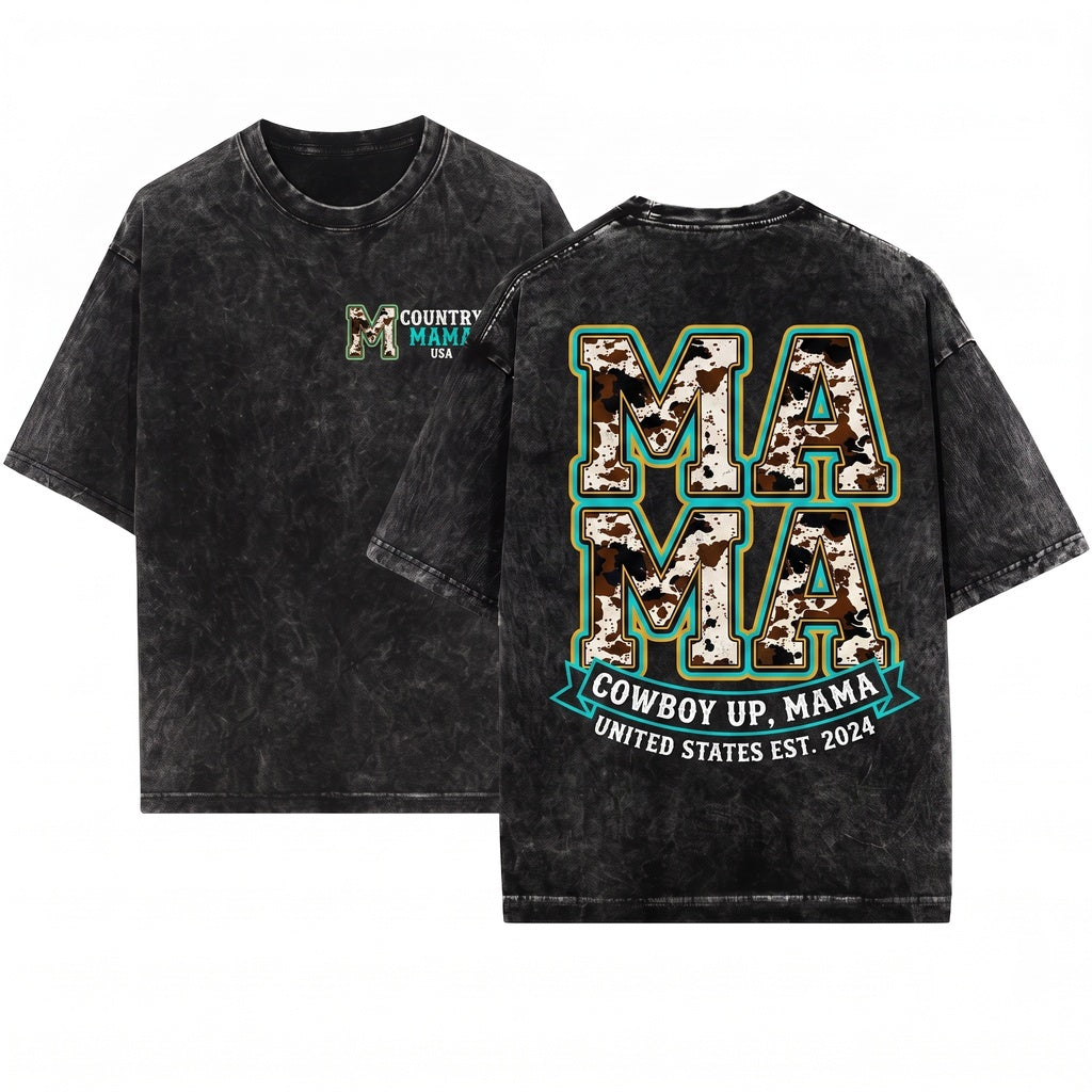 Cow Print Mama Western Style Country Vintage Top Unisex Wash T-Shirt
