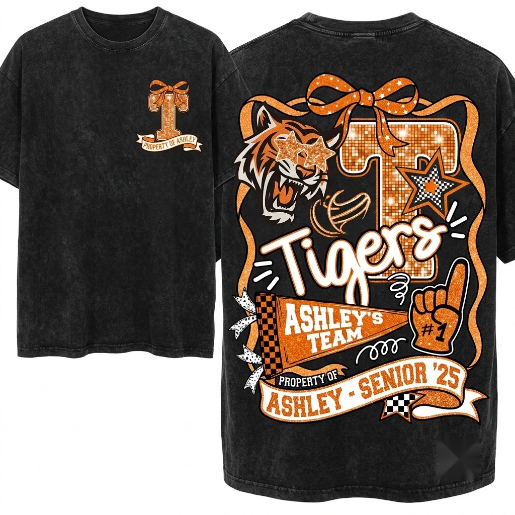 Custom Tigers Mascot Coquette School Spirit Team Game Day Touchdown Football Digital Graphic Unisex Wash T-Shirt