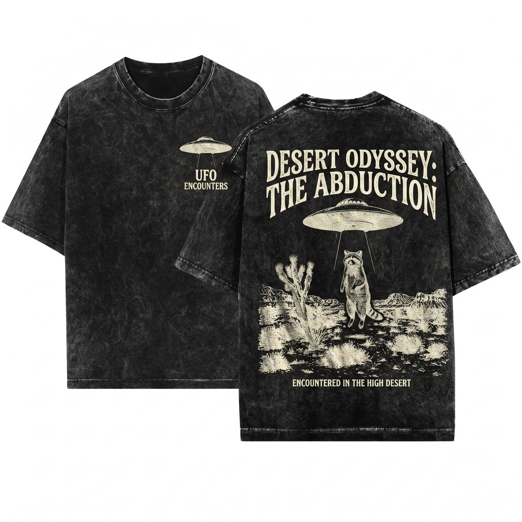 Retro Alien Raccoon UFO Desert Abduction Y2K Sci Fi Western Funny Animal Gift Unisex Wash T-Shirt