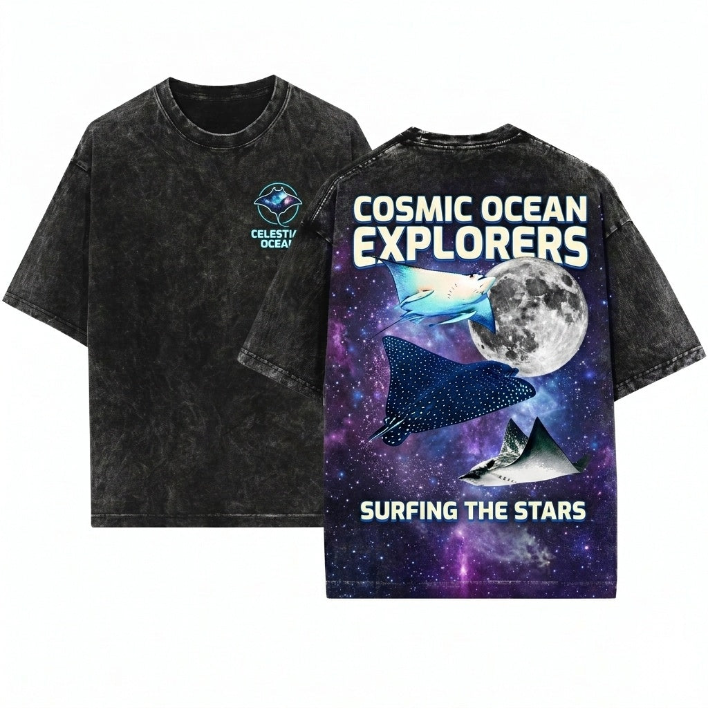 Colorful Three Spotted Eagle Ray Retro Ocean Moon Graphic Unisex Wash T-Shirt