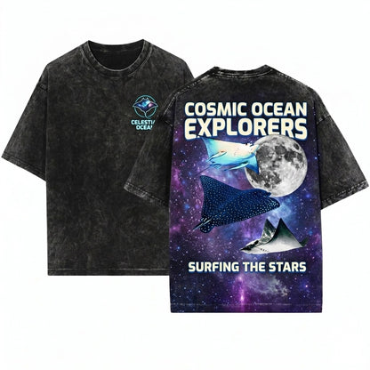 Colorful Three Spotted Eagle Ray Retro Ocean Moon Graphic Unisex Wash T-Shirt