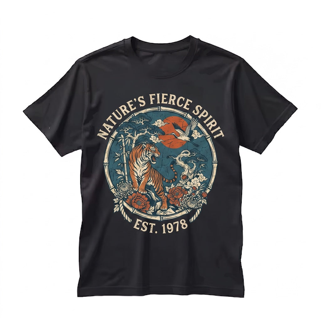 Vintage Japanese Tiger Graphic Floral Asian Samurai Retro Nature Art Aesthetic Gift Unisex TShirt