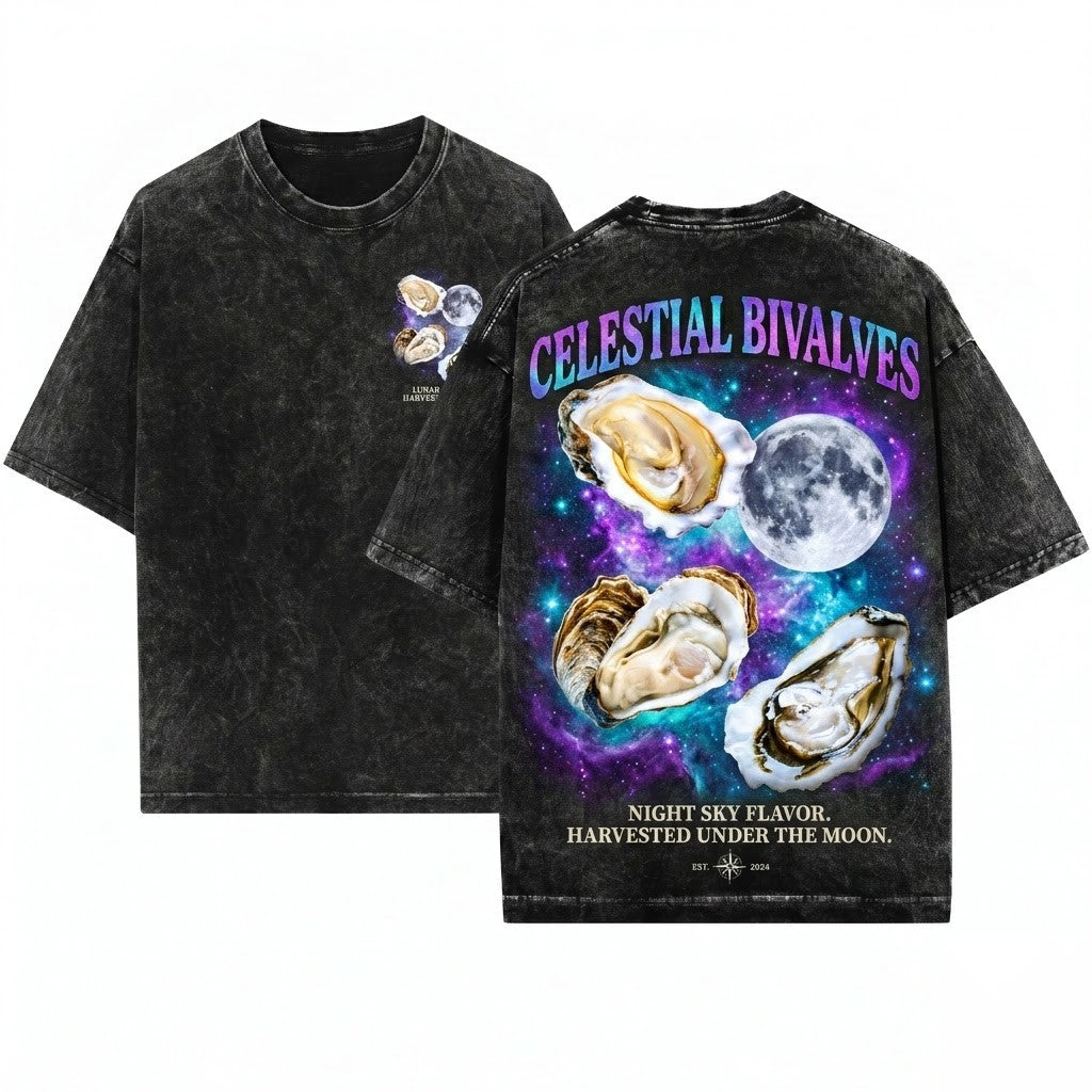 Three Oyster Retro Moon Graphic Vintage Meme Lovers Funny Oversized Moister Unisex Wash T-Shirt