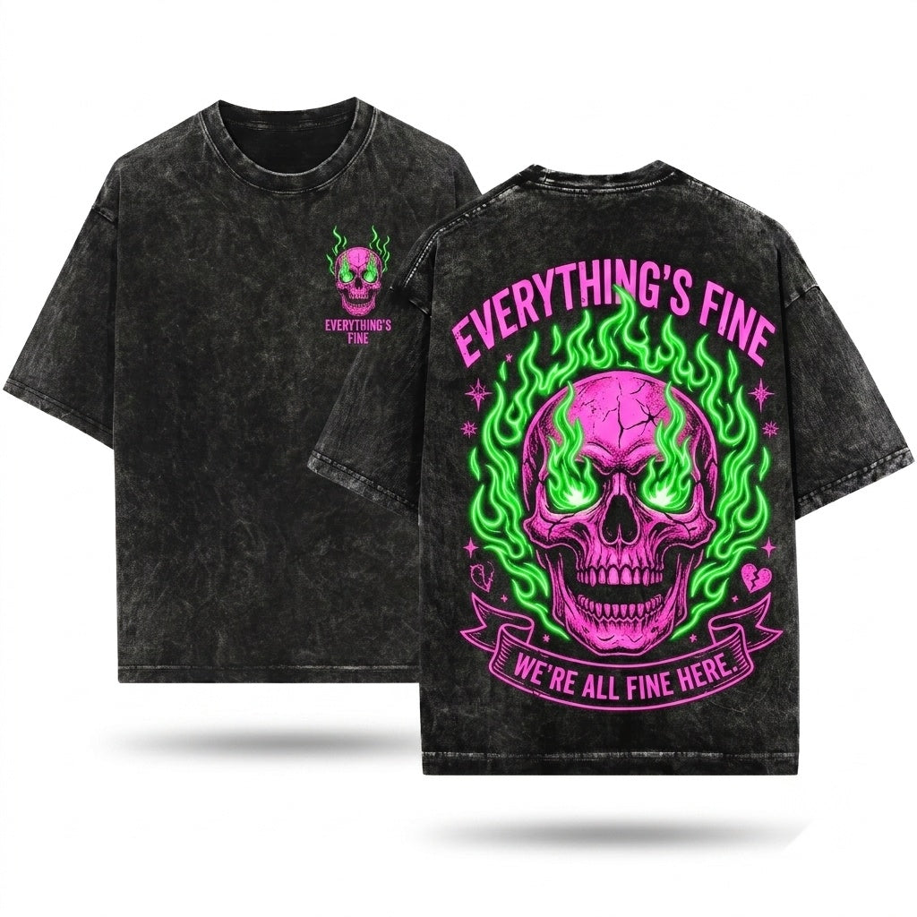 Retro Sarcastic Skeleton Festival Rebel Neon Everything Fine Unisex Wash T-Shirt
