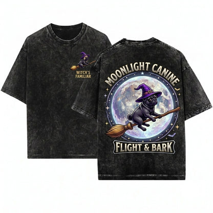 Halloween Spooky Pug Dog Flying Broomstick Wizard Hat Moon Trick Or Treat Mom Dad Gift Unisex Wash T-Shirt