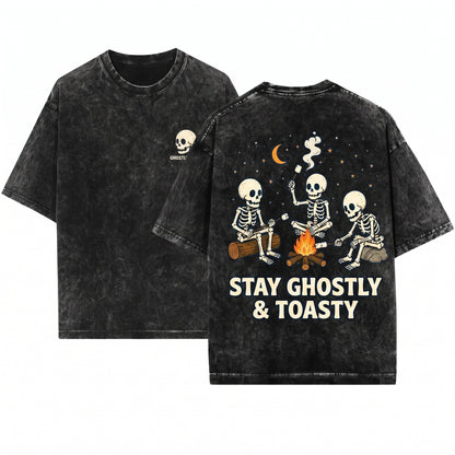 Funny Three Skeleton Roasting Marshmallows Campfire Halloween Outdoor Gift Unisex Wash T-Shirt
