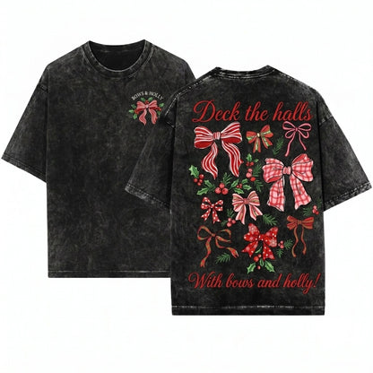 Retro Plaid Deck The Halls Red Xmas Holiday Bows Clip Art Christmas Graphic Unisex Wash T-Shirt