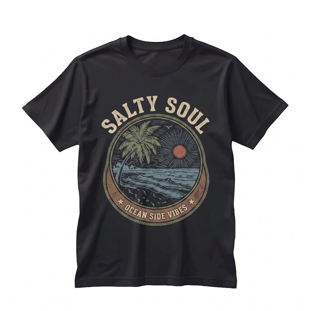 Salty Soul Beach Sunshine Front Back Graphic Print Vintage Summer Ocean Vacation Apparel Unisex TShirt