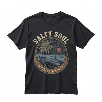 Salty Soul Beach Sunshine Front Back Graphic Print Vintage Summer Ocean Vacation Apparel Unisex TShirt