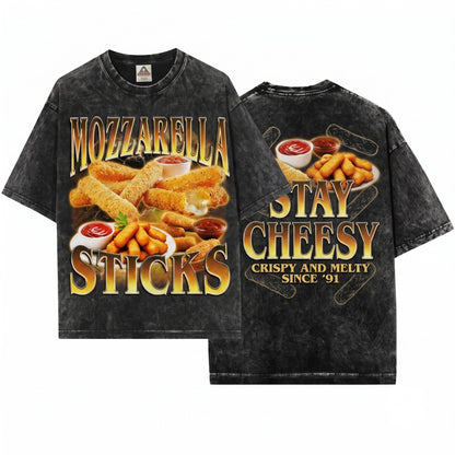 Retro 90s Mozzarella Sticks Graphic Funny Foodie Novelty Gag Unisex Wash T-Shirt