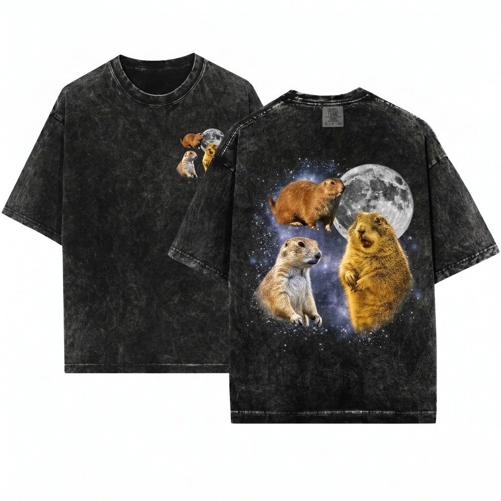 Retro Prairie Dog Moon Graphic Vintage Funny Oversized Unisex Wash T-Shirt