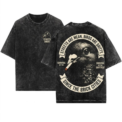 Smoking Pigeon Vintage Y2K Grunge Animal Graphic Cigarette Silly Badass Lover Gift Unisex Wash T-Shirt