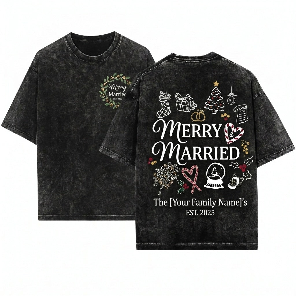 Merry Married Newlywed Custom Name Couple Holiday Wedding Xmas Sublimation Line Art Unisex Wash T-Shirt