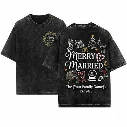 Merry Married Newlywed Custom Name Couple Holiday Wedding Xmas Sublimation Line Art Unisex Wash T-Shirt