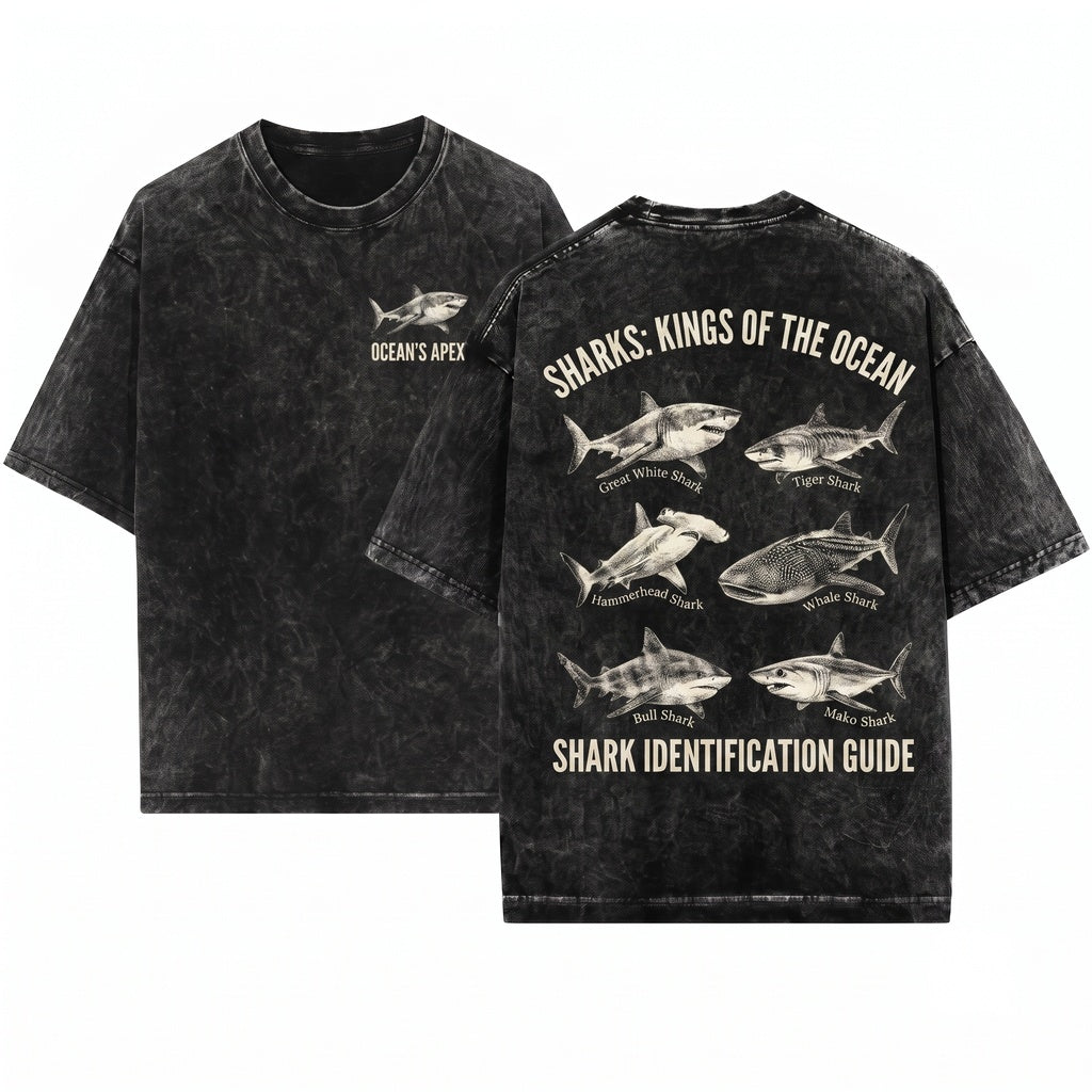 Retro Shark Species Graphic Ocean Animal Y2K Coastal Nature Wildlife Gift Enthusiast Unisex Wash T-Shirt