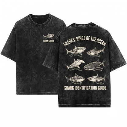 Retro Shark Species Graphic Ocean Animal Y2K Coastal Nature Wildlife Gift Enthusiast Unisex Wash T-Shirt