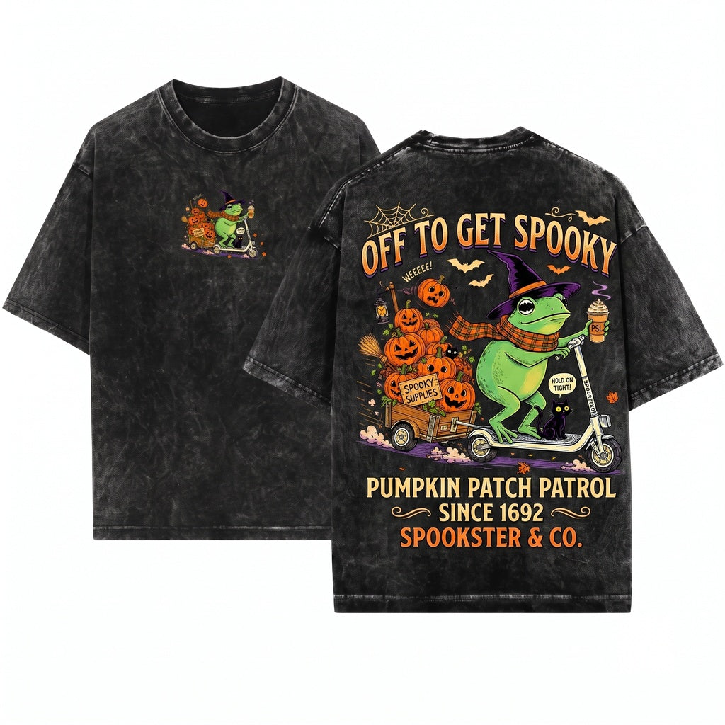 Vintage Halloween Frog Riding Scooter Pumpkin Cart Spooky Season Funny Fall Unisex Wash T-Shirt