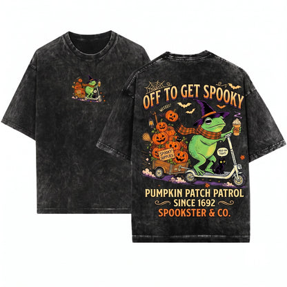 Vintage Halloween Frog Riding Scooter Pumpkin Cart Spooky Season Funny Fall Unisex Wash T-Shirt