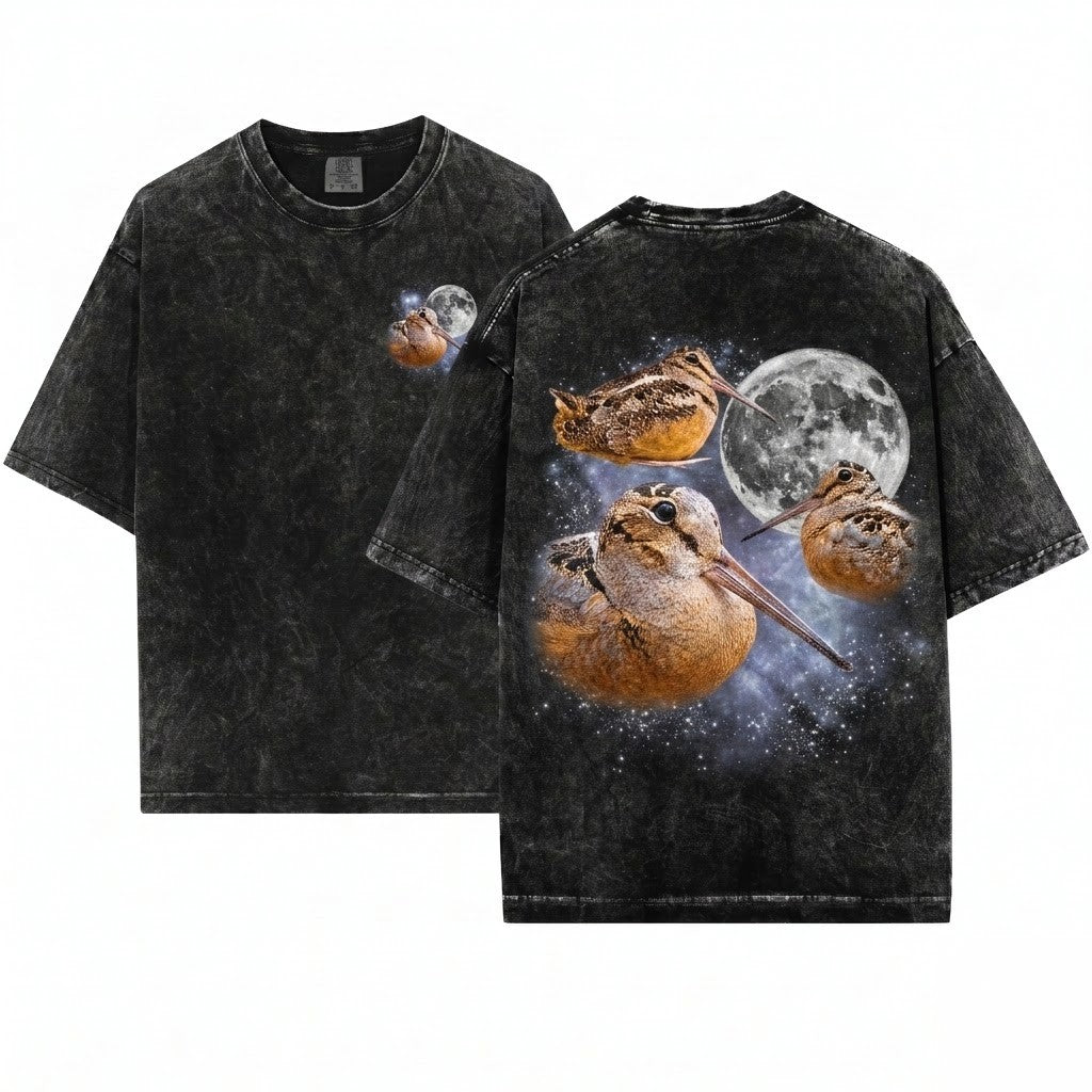 Three Meep Bird American Woodcock Moon Vintage Timberdoodle Galaxy Retro Cosmic Graphic Top Birder Gift Unisex Wash T-Sh