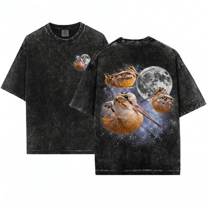 Three Meep Bird American Woodcock Moon Vintage Timberdoodle Galaxy Retro Cosmic Graphic Top Birder Gift Unisex Wash T-Sh