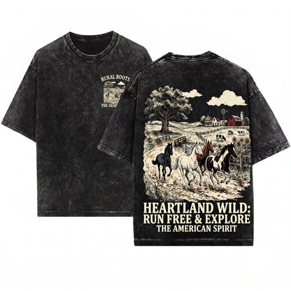Vintage Running Horses Graphic Rustic Western Farm Countryside Animal Nature Lover Gift Unisex Wash T-Shirt