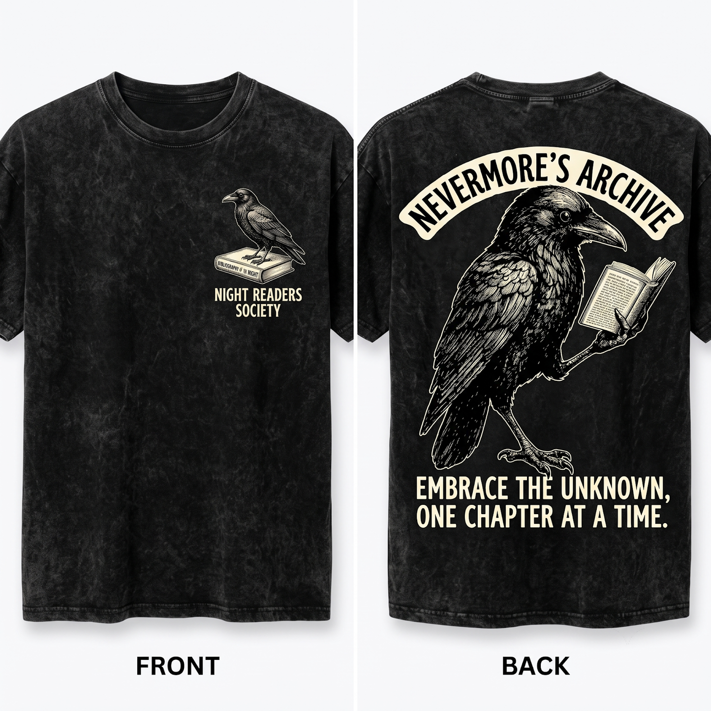 Vintage Raven Book Linocut Graphic Tee - Gothic Ink Engraved Crow Dark Art Literary Fan Gift Unisex Heavyweight Garment-Dyed T-Shirt