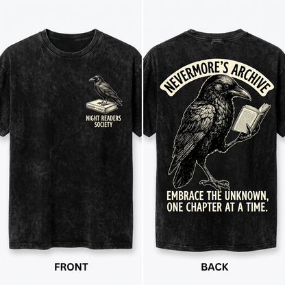 Vintage Raven Book Linocut Graphic Tee - Gothic Ink Engraved Crow Dark Art Literary Fan Gift Unisex Heavyweight Garment-Dyed T-Shirt
