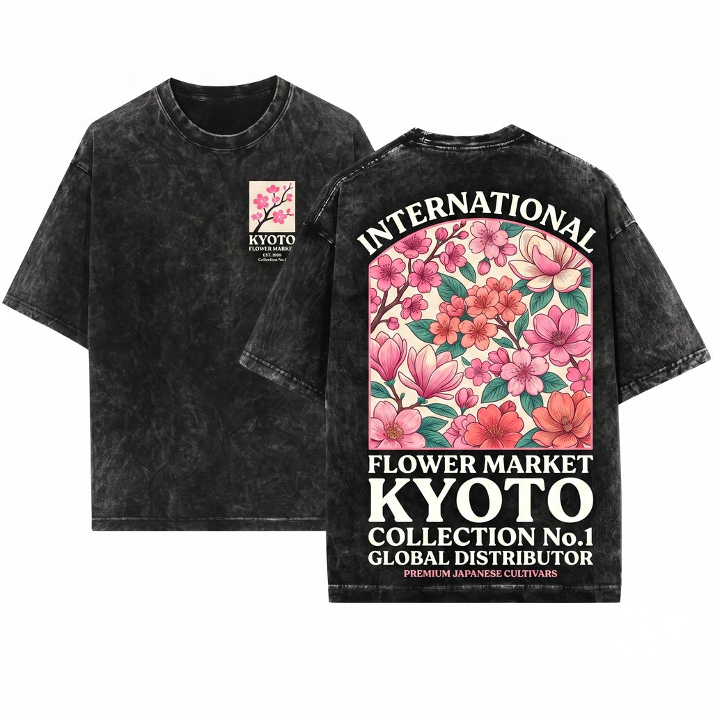 Kyoto Cherry Blossom Botanical Floral Graphic Sakura Top Unisex Wash T-Shirt