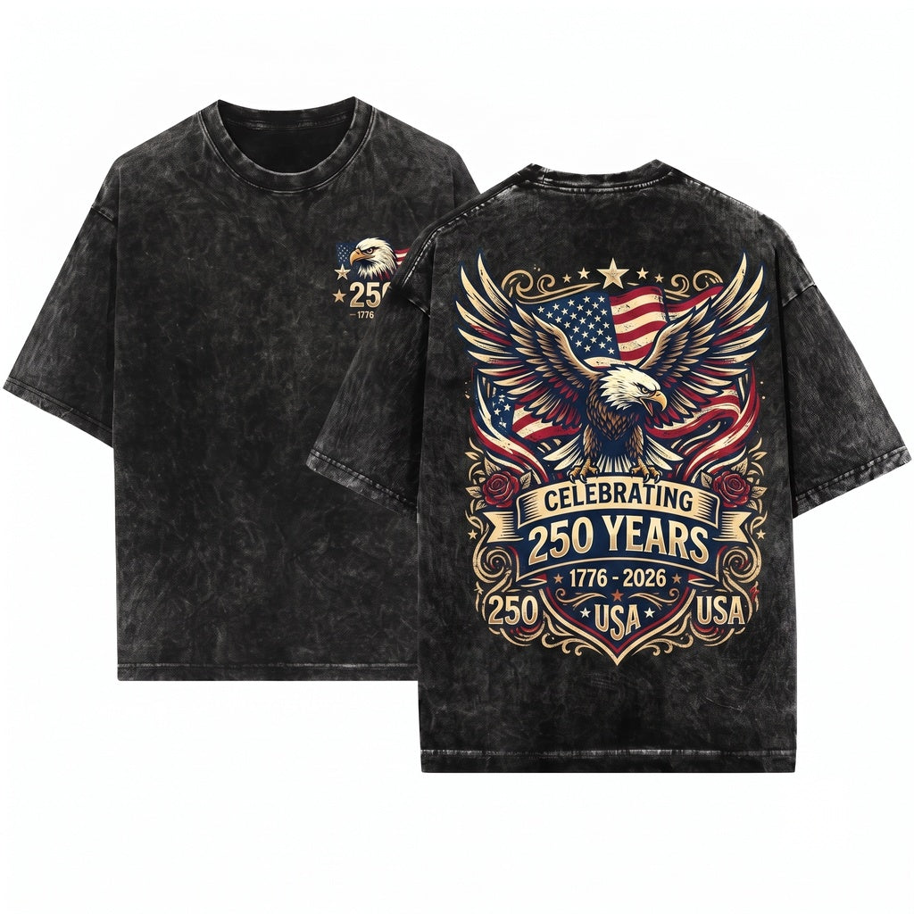 Patriotic 250 Years USA Floral Eagle 4th of July America Unisex Wash T-Shirt