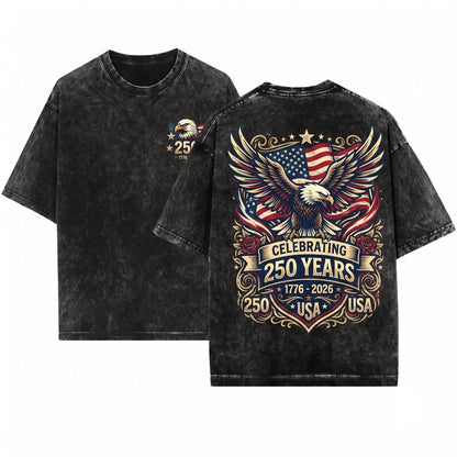 Patriotic 250 Years USA Floral Eagle 4th of July America Unisex Wash T-Shirt