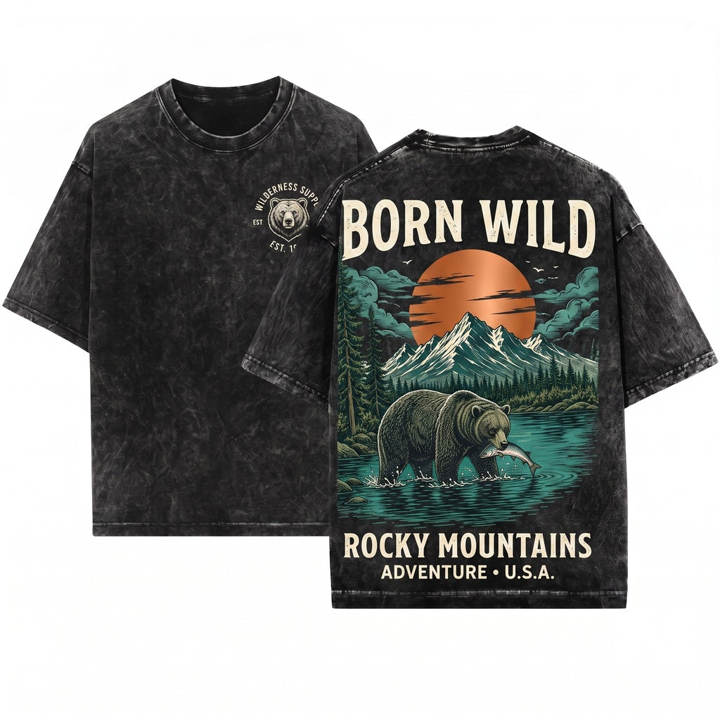 Bear Fishing Mountain Wilderness Graphic Rustic Outdoors Vintage Forest Nature Lover Gift Him Unisex Wash T-Shirt