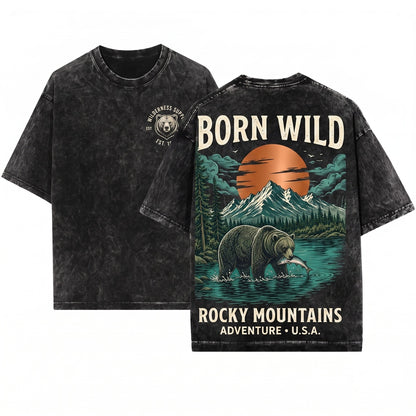 Bear Fishing Mountain Wilderness Graphic Rustic Outdoors Vintage Forest Nature Lover Gift Him Unisex Wash T-Shirt