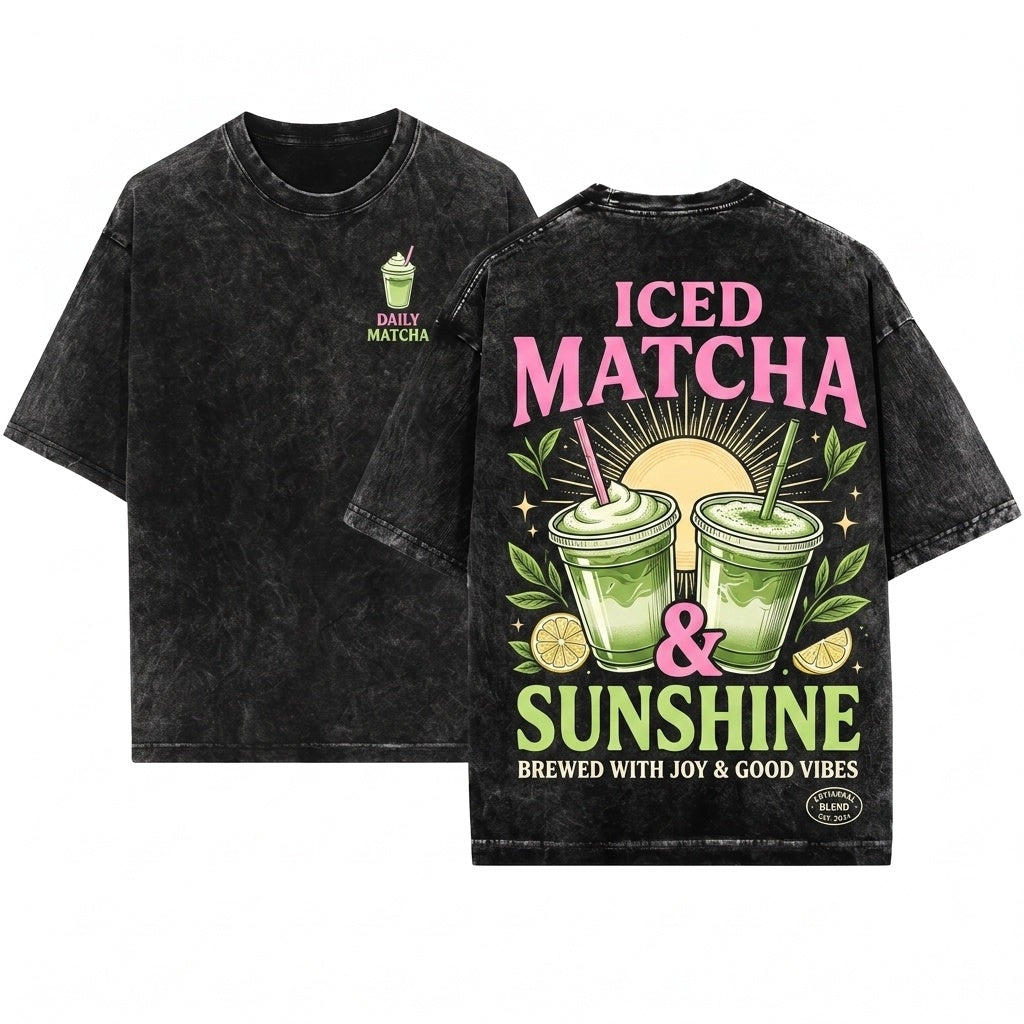 Iced Matcha Sunshine Coffee Lover Summer Graphic Vibes Unisex Wash T-Shirt
